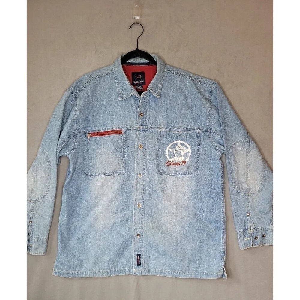 Vintage Bugle Boy LS Button Up Denim Shirt Mens L Blue Light Wash Cotton Logo